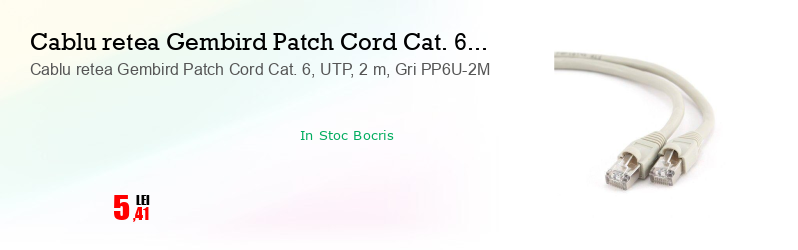 Cablu retea Gembird Patch Cord Cat. 6, UTP, 2 m, Gri PP6U-2M