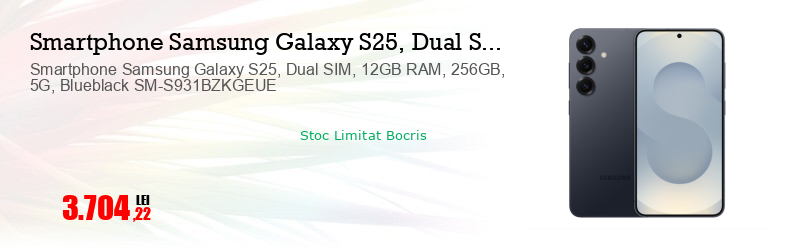 Smartphone Samsung Galaxy S25, Dual SIM, 12GB RAM, 256GB, 5G, Blueblack SM-S931BZKGEUE