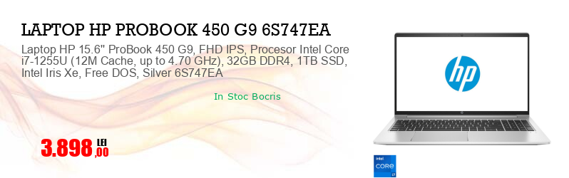 Laptop HP 15.6'' ProBook 450 G9, FHD IPS, Procesor Intel Core i7-1255U (12M Cache, up to 4.70 GHz), 32GB DDR4, 1TB SSD, Intel Iris Xe, Free DOS, Silver 6S747EA