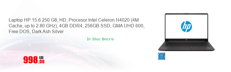 Laptop HP 15.6 250 G8, HD, Procesor Intel Celeron N4020 (4M Cache, up to 2.80 GHz), 4GB DDR4, 256GB SSD, GMA UHD 600, Free DOS, Dark Ash Silver