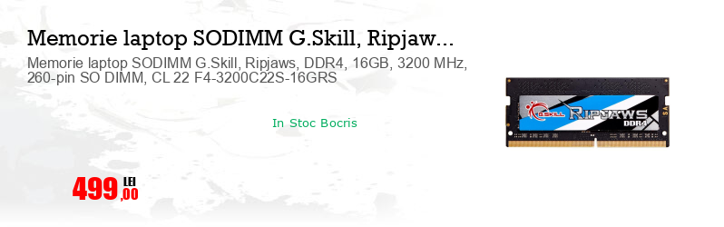 Memorie laptop SODIMM G.Skill, Ripjaws, DDR4, 16GB, 3200 MHz, 260-pin SO DIMM, CL 22 F4-3200C22S-16GRS