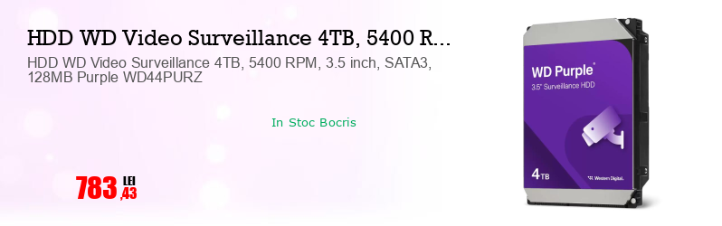 HDD WD Video Surveillance 4TB, 5400 RPM, 3.5 inch, SATA3, 128MB Purple WD44PURZ