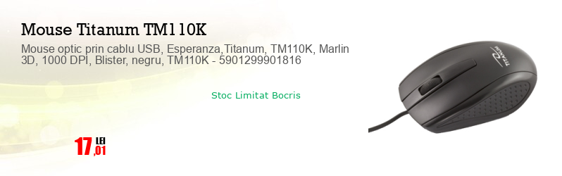 Mouse optic prin cablu USB, Esperanza,Titanum, TM110K, Marlin 3D, 1000 DPI, Blister, negru, TM110K - 5901299901816
