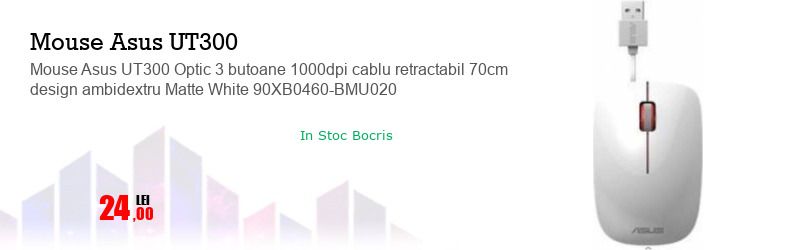 Mouse Asus UT300 Optic 3 butoane 1000dpi cablu retractabil 70cm design ambidextru Matte White 90XB0460-BMU020