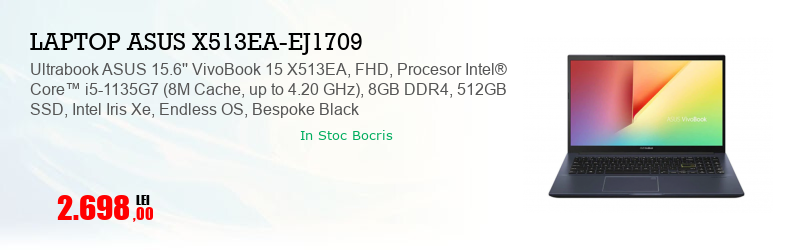 Ultrabook ASUS 15.6'' VivoBook 15 X513EA, FHD, Procesor Intel® Core™ i5-1135G7 (8M Cache, up to 4.20 GHz), 8GB DDR4, 512GB SSD, Intel Iris Xe, Endless OS, Bespoke Black