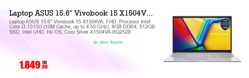 Laptop ASUS 15.6'' Vivobook 15 X1504VA, FHD, Procesor Intel Core i3-1315U (10M Cache, up to 4.50 GHz), 8GB DDR4, 512GB SSD, Intel UHD, No OS, Cool Silver X1504VA-BQ2528
