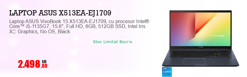 Laptop ASUS VivoBook 15 X513EA-EJ1709, cu procesor Intel® Core™ i5-1135G7, 15.6", Full HD, 8GB, 512GB SSD, Intel Iris Xᵉ Graphics, No OS, Black