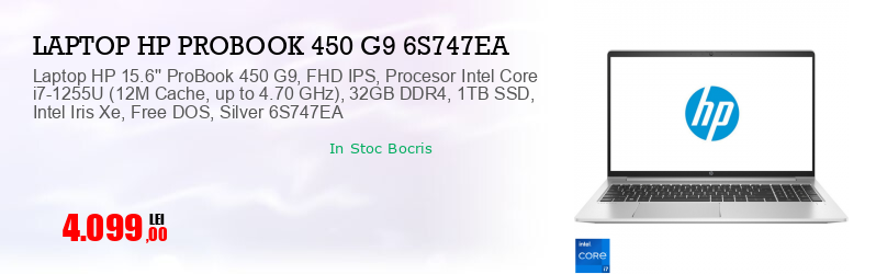 Laptop HP 15.6'' ProBook 450 G9, FHD IPS, Procesor Intel Core i7-1255U (12M Cache, up to 4.70 GHz), 32GB DDR4, 1TB SSD, Intel Iris Xe, Free DOS, Silver 6S747EA