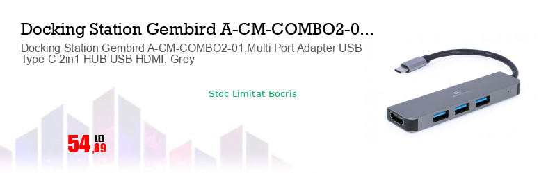 Docking Station Gembird A-CM-COMBO2-01,Multi Port Adapter USB Type C 2in1 HUB USB HDMI, Grey