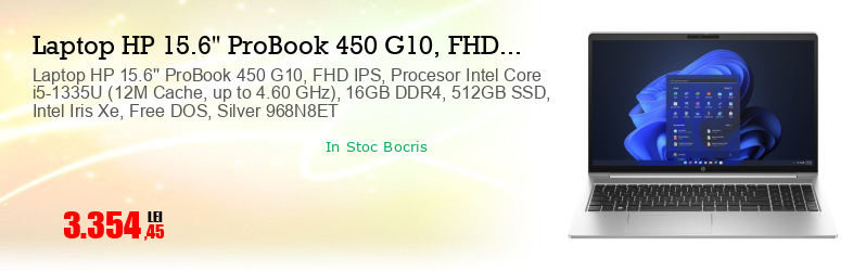 Laptop HP 15.6'' ProBook 450 G10, FHD IPS, Procesor Intel Core i5-1335U (12M Cache, up to 4.60 GHz), 16GB DDR4, 512GB SSD, Intel Iris Xe, Free DOS, Silver 968N8ET