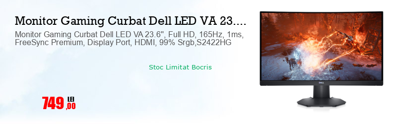 Monitor Gaming Curbat Dell LED VA 23.6'', Full HD, 165Hz, 1ms, FreeSync Premium, Display Port, HDMI, 99% Srgb,S2422HG  