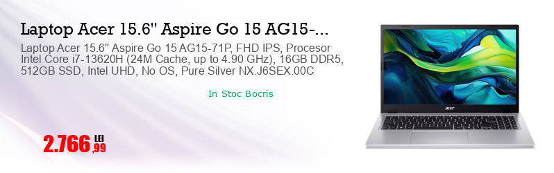 Laptop Acer 15.6'' Aspire Go 15 AG15-71P, FHD IPS, Procesor Intel Core i7-13620H (24M Cache, up to 4.90 GHz), 16GB DDR5, 512GB SSD, Intel UHD, No OS, Pure Silver NX.J6SEX.00C