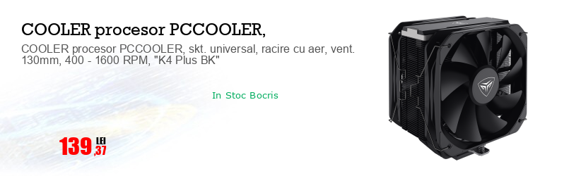 COOLER procesor PCCOOLER, skt. universal, racire cu aer, vent. 130mm, 400 - 1600 RPM, "K4 Plus BK"