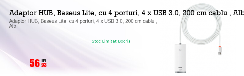 Adaptor HUB, Baseus Lite, cu 4 porturi, 4 x USB 3.0, 200 cm cablu , Alb