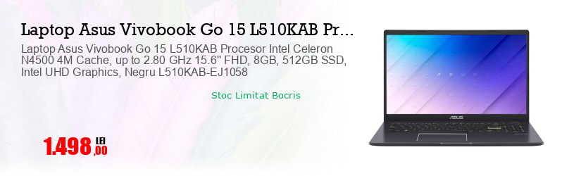 Laptop Asus Vivobook Go 15 L510KAB Procesor Intel Celeron N4500 4M Cache, up to 2.80 GHz 15.6'' FHD, 8GB, 512GB SSD, Intel UHD Graphics, Negru L510KAB-EJ1058