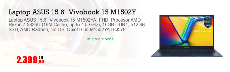 Laptop ASUS 15.6'' Vivobook 15 M1502YA, FHD, Procesor AMD Ryzen 7 5825U (16M Cache, up to 4.5 GHz), 16GB DDR4, 512GB SSD, AMD Radeon, No OS, Quiet Blue M1502YA-BQ579