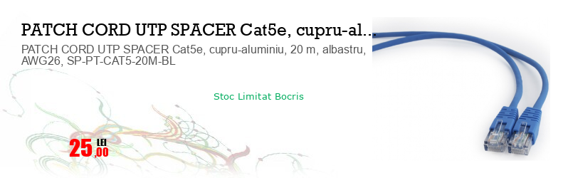 PATCH CORD UTP SPACER Cat5e, cupru-aluminiu, 20 m, albastru, AWG26, SP-PT-CAT5-20M-BL