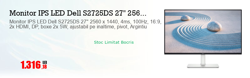 Monitor IPS LED Dell S2725DS 27'' 2560 x 1440, 4ms, 100Hz, 16:9, 2x HDMI, DP, boxe 2x 5W, ajustabil pe inaltime, pivot, Argintiu  