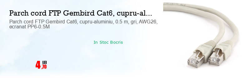 Parch cord FTP Gembird Cat6, cupru-aluminiu, 0.5 m, gri, AWG26, ecranat PP6-0.5M