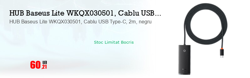 HUB Baseus Lite WKQX030501, Cablu USB Type-C, 2m, negru