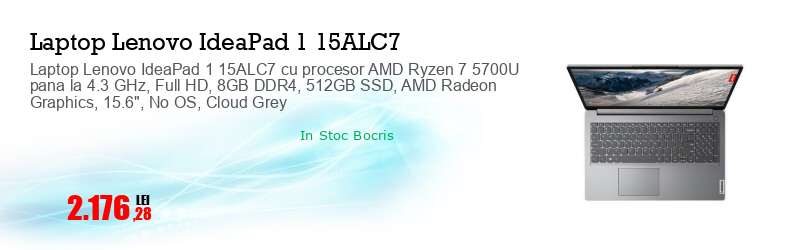 Laptop Lenovo IdeaPad 1 15ALC7 cu procesor AMD Ryzen 7 5700U pana la 4.3 GHz, Full HD, 8GB DDR4, 512GB SSD, AMD Radeon Graphics, 15.6", No OS, Cloud Grey