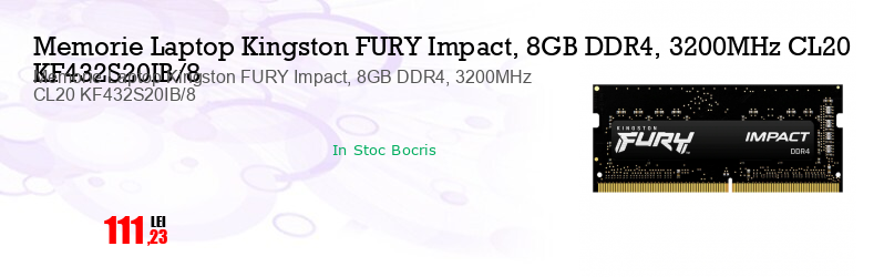 Memorie Laptop Kingston FURY Impact, 8GB DDR4, 3200MHz CL20 KF432S20IB/8