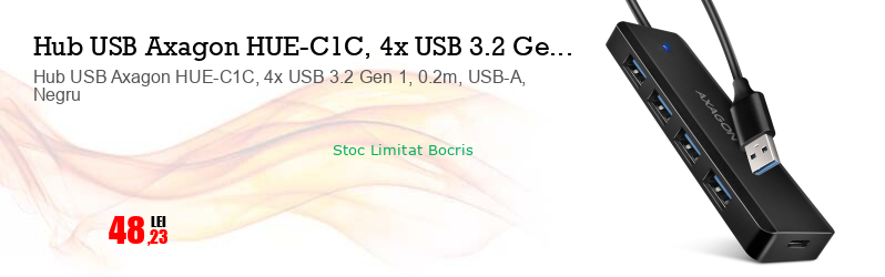 Hub USB Axagon HUE-C1C, 4x USB 3.2 Gen 1, 0.2m, USB-A, Negru