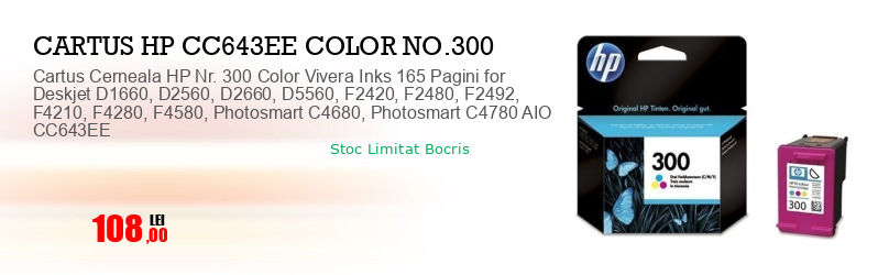 Cartus Cerneala HP Nr. 300 Color Vivera Inks 165 Pagini for Deskjet D1660, D2560, D2660, D5560, F2420, F2480, F2492, F4210, F4280, F4580, Photosmart C4680, Photosmart C4780 AIO CC643EE