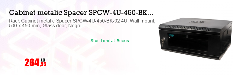 Rack Cabinet metalic Spacer SPCW-4U-450-BK-02 4U, Wall mount, 500 x 450 mm, Glass door, Negru