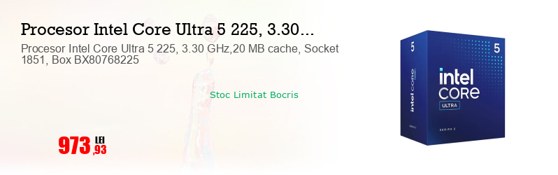 Procesor Intel Core Ultra 5 225, 3.30 GHz,20 MB cache, Socket 1851, Box BX80768225