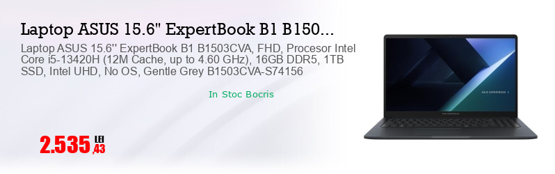 Laptop ASUS 15.6'' ExpertBook B1 B1503CVA, FHD, Procesor Intel Core i5-13420H (12M Cache, up to 4.60 GHz), 16GB DDR5, 1TB SSD, Intel UHD, No OS, Gentle Grey B1503CVA-S74156