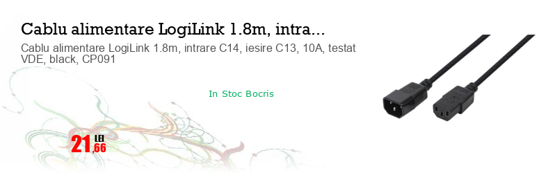 Cablu alimentare LogiLink 1.8m, intrare C14, iesire C13, 10A, testat VDE, black, CP091