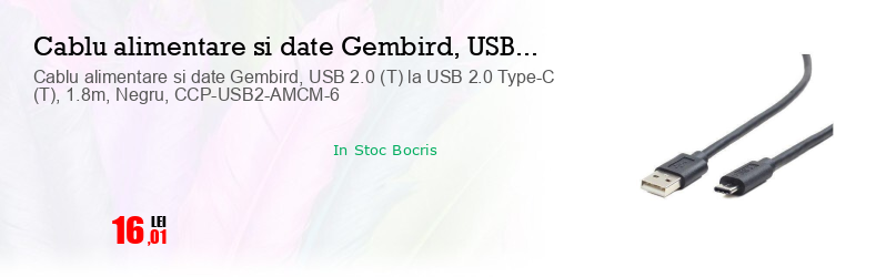 Cablu alimentare si date Gembird, USB 2.0 (T) la USB 2.0 Type-C (T), 1.8m, Negru, CCP-USB2-AMCM-6
