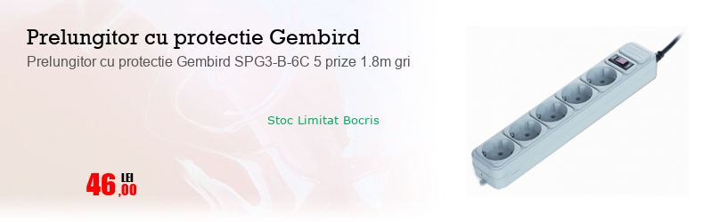 Prelungitor cu protectie Gembird SPG3-B-6C 5 prize 1.8m gri