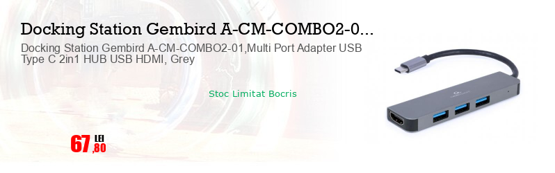 Docking Station Gembird A-CM-COMBO2-01,Multi Port Adapter USB Type C 2in1 HUB USB HDMI, Grey