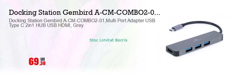 Docking Station Gembird A-CM-COMBO2-01,Multi Port Adapter USB Type C 2in1 HUB USB HDMI, Grey