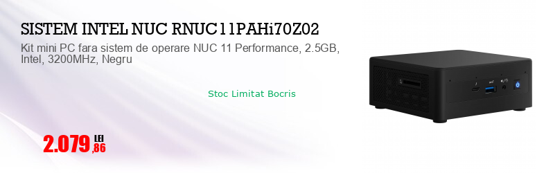 Kit mini PC fara sistem de operare NUC 11 Performance, 2.5GB, Intel, 3200MHz, Negru