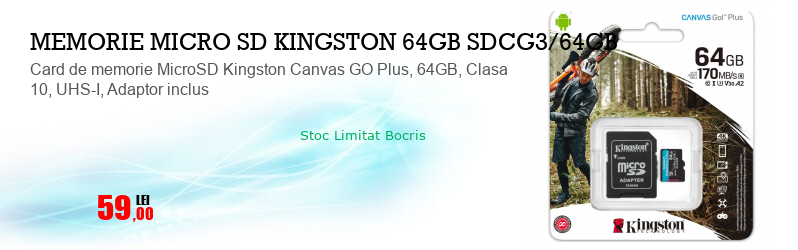 Card de memorie MicroSD Kingston Canvas GO Plus, 64GB, Clasa 10, UHS-I, Adaptor inclus
