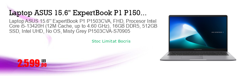 Laptop ASUS 15.6'' ExpertBook P1 P1503CVA, FHD, Procesor Intel Core i5-13420H (12M Cache, up to 4.60 GHz), 16GB DDR5, 512GB SSD, Intel UHD, No OS, Misty Grey P1503CVA-S70905