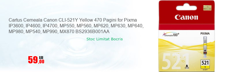 Cartus Cerneala Canon CLI-521Y Yellow 470 Pagini for Pixma IP3600, IP4600, IP4700, MP550, MP560, MP620, MP630, MP640, MP980, MP540, MP990, MX870 BS2936B001AA