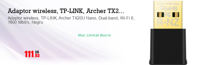 Adaptor wireless, TP-LINK, Archer TX20U Nano, Dual-band, Wi-Fi 6, 1800 Mbit/s, Negru