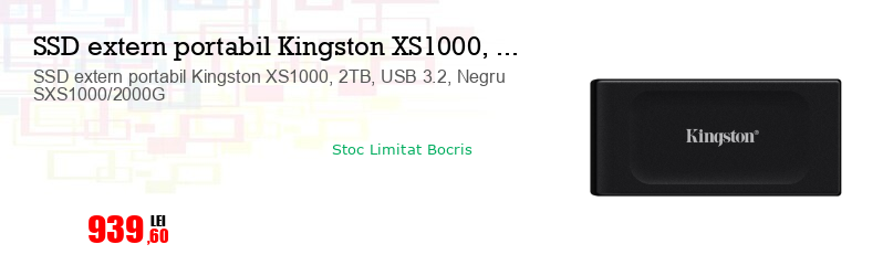 SSD extern portabil Kingston XS1000, 2TB, USB 3.2, Negru SXS1000/2000G