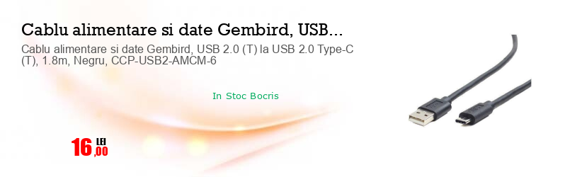 Cablu alimentare si date Gembird, USB 2.0 (T) la USB 2.0 Type-C (T), 1.8m, Negru, CCP-USB2-AMCM-6