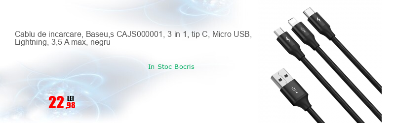 Cablu de incarcare, Baseu,s CAJS000001, 3 in 1, tip C, Micro USB, Lightning, 3,5 A max, negru