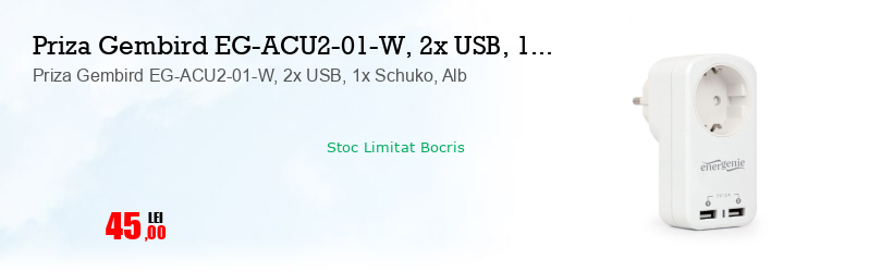 Priza Gembird EG-ACU2-01-W, 2x USB, 1x Schuko, Alb