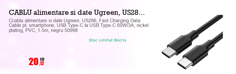 Ccablu alimentare si date Ugreen, US286, Fast Charging Data Cable pt. smartphone, USB Type-C la USB Type-C 60W/3A, nickel plating, PVC, 1.5m, negru 50998