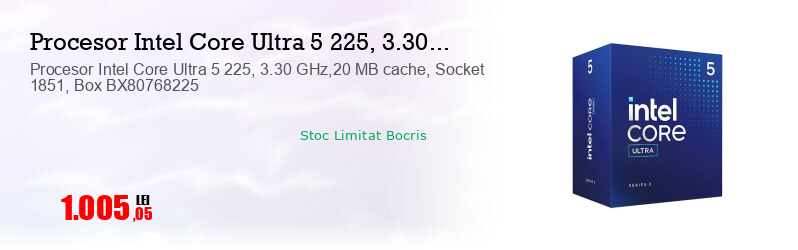 Procesor Intel Core Ultra 5 225, 3.30 GHz,20 MB cache, Socket 1851, Box BX80768225