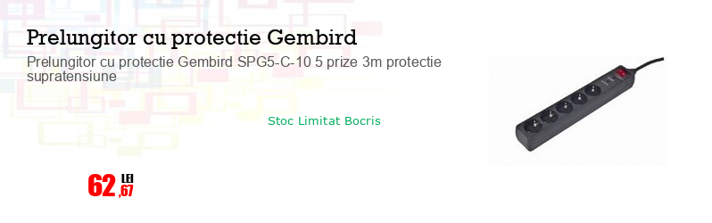 Prelungitor cu protectie Gembird SPG5-C-10 5 prize 3m protectie supratensiune