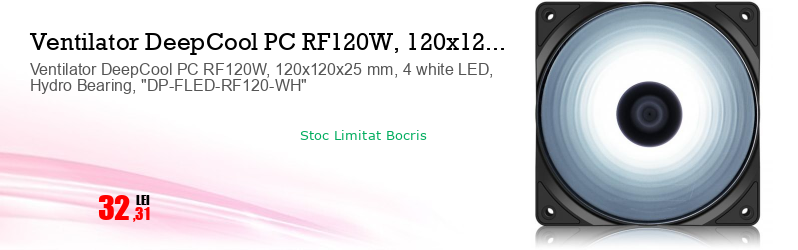 Ventilator DeepCool PC RF120W, 120x120x25 mm, 4 white LED, Hydro Bearing, "DP-FLED-RF120-WH"
