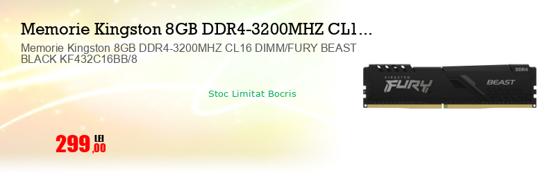 Memorie Kingston 8GB DDR4-3200MHZ CL16 DIMM/FURY BEAST BLACK KF432C16BB/8